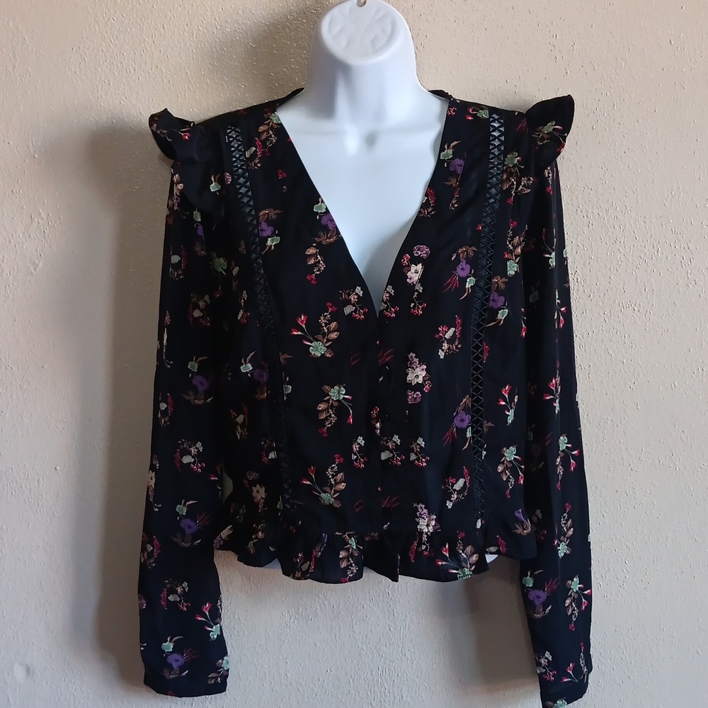 Milk & Honey Floral Peasant Top, Milkmaid Black Ruffle Shirt Front Seam Cut-Outs